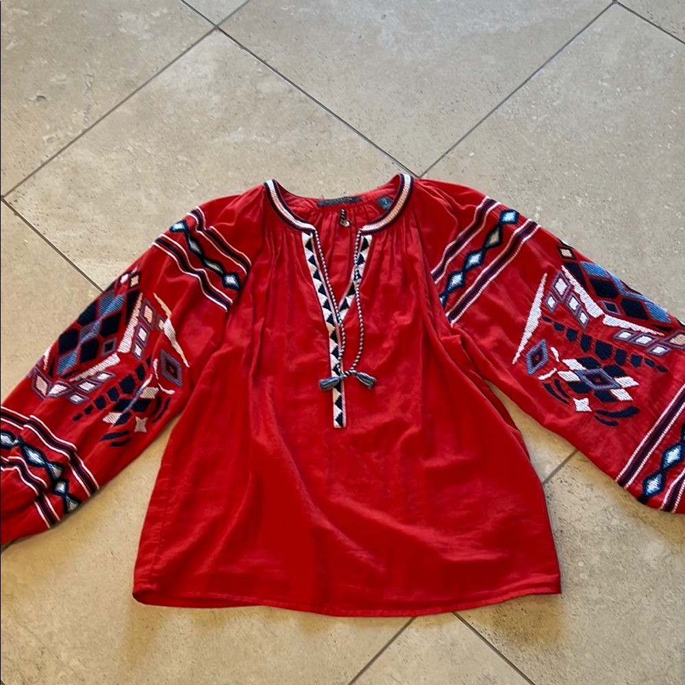 Scotch & Soda Red Embroidered Tunic with Puffy Sleeves